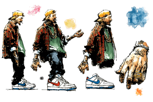 Three-pose character turnaround concept sheet