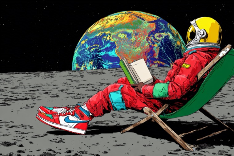 Major Astronaut Moon Beach Chair Reading Book Earth bg Comic