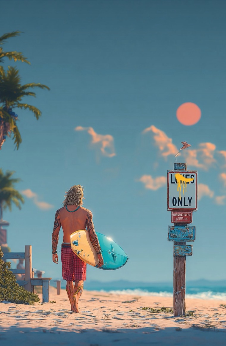 Brawny Walking Beach Surfboard Ladies Only Sign Pixel Art