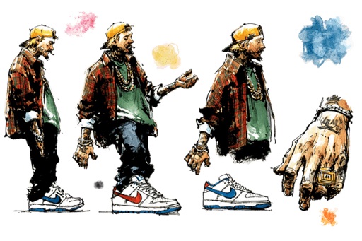 Concept Sheet Three Pose Turnaround Watercolor Character Model