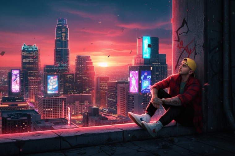 Rooftop Cyberpunk Sunset la Billboards Painterly