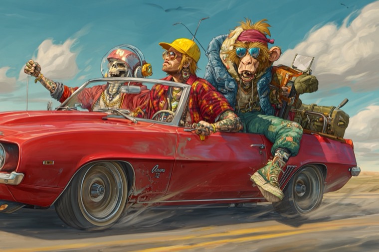 Road Trip Trio Skeleton Luke Monkey Red Convertible Desert